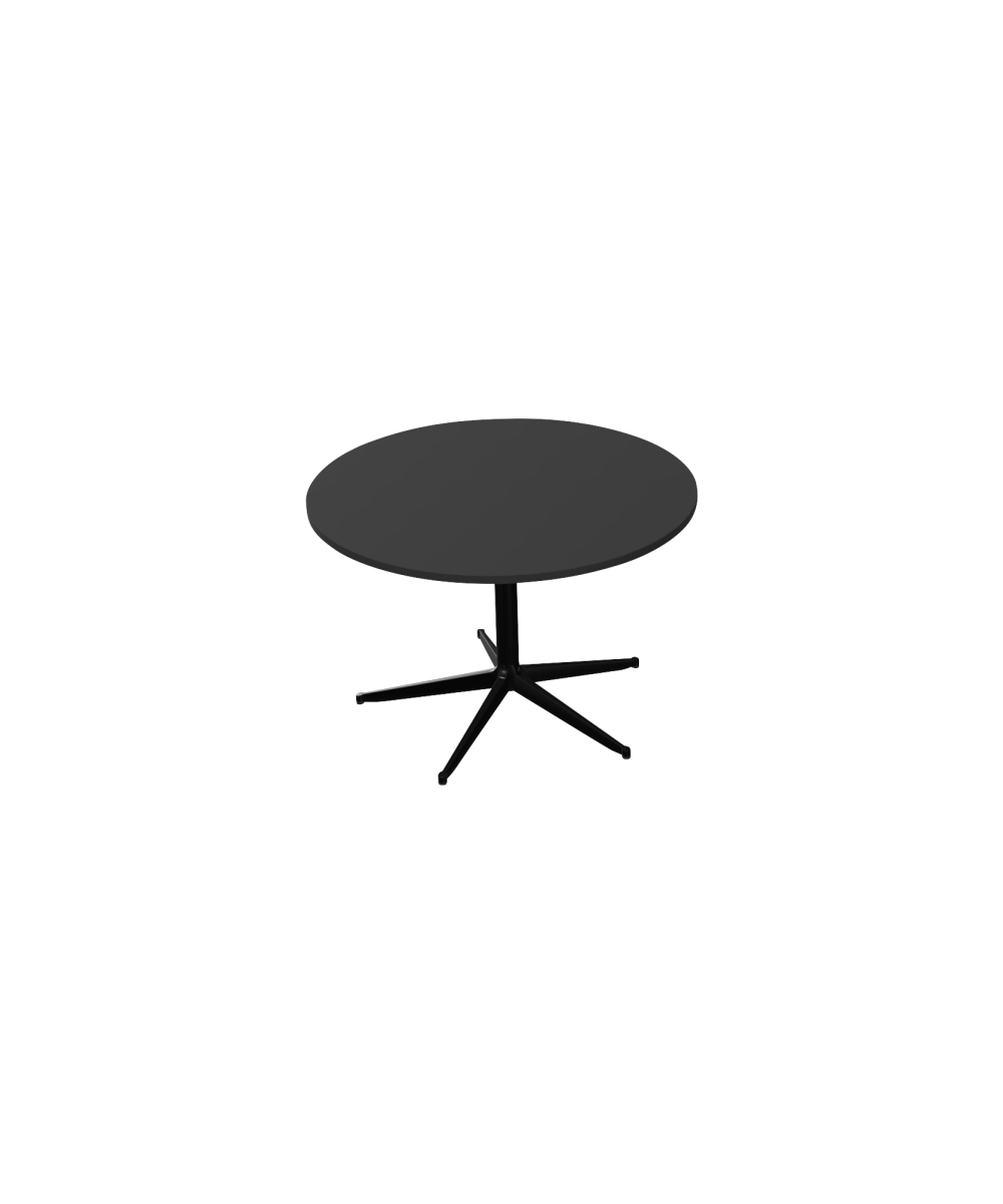 A black circular table with a pedestal leg