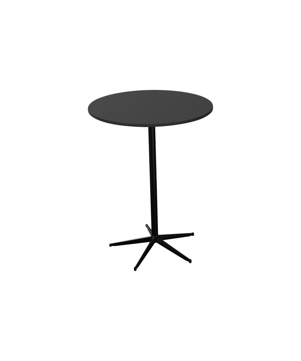 A tall circular black table with black pedestal leg