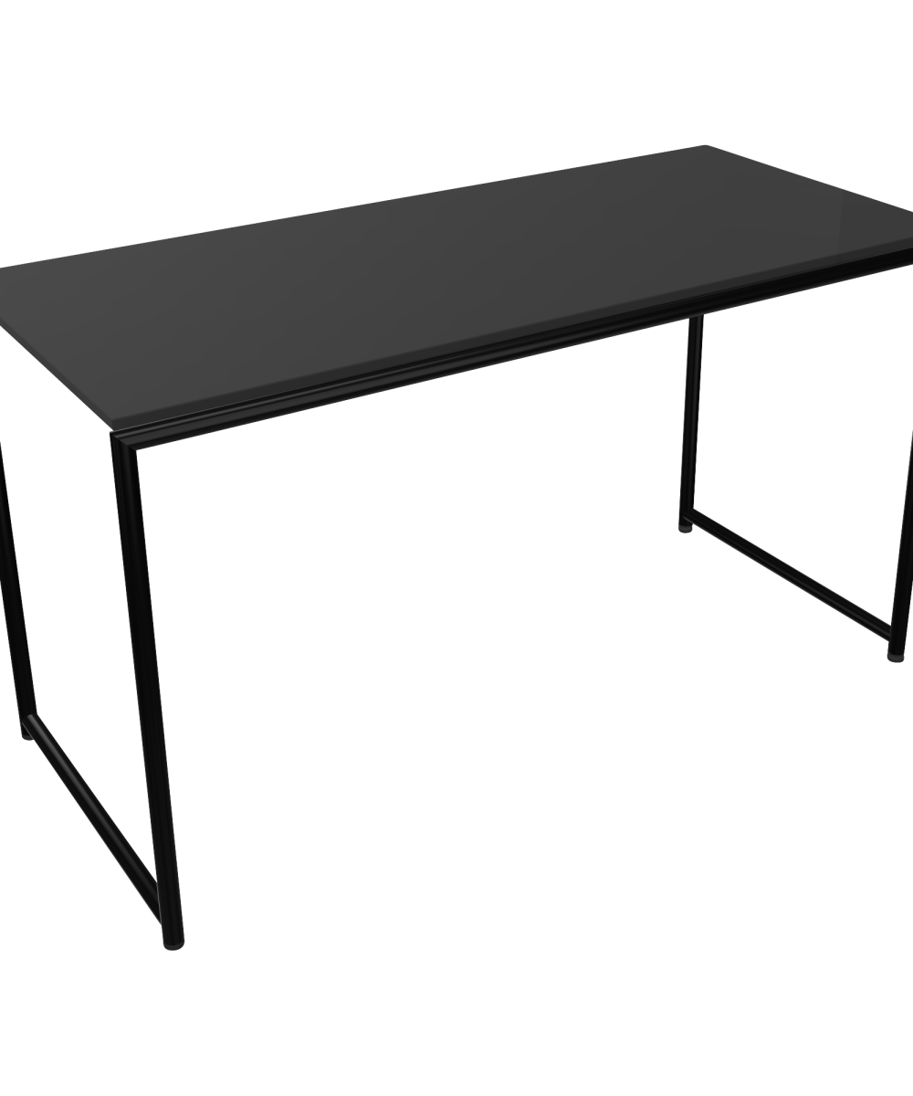 A black desk with a metal frame on a white background.