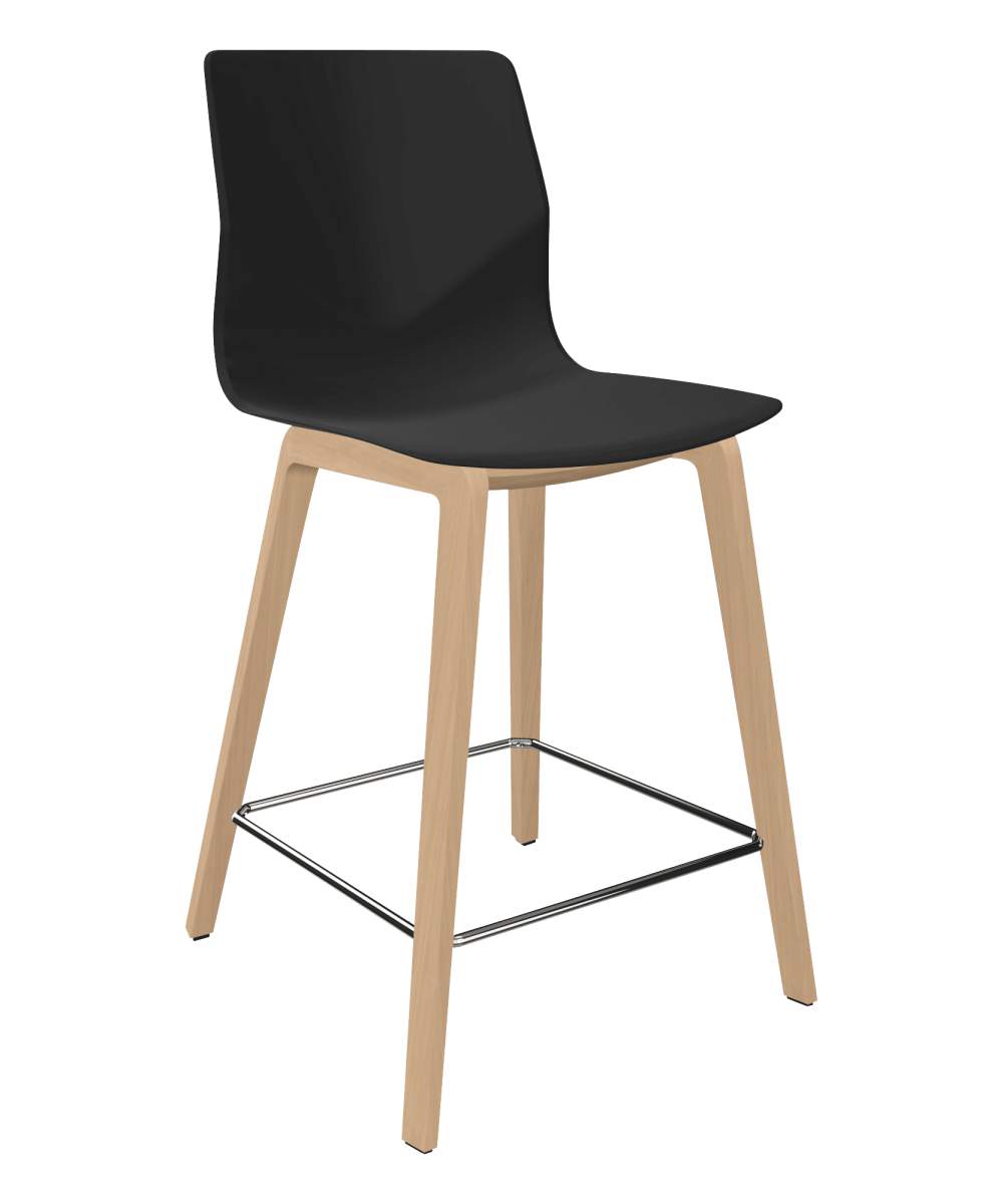 A black mid height counter chair with 4 wooden legs