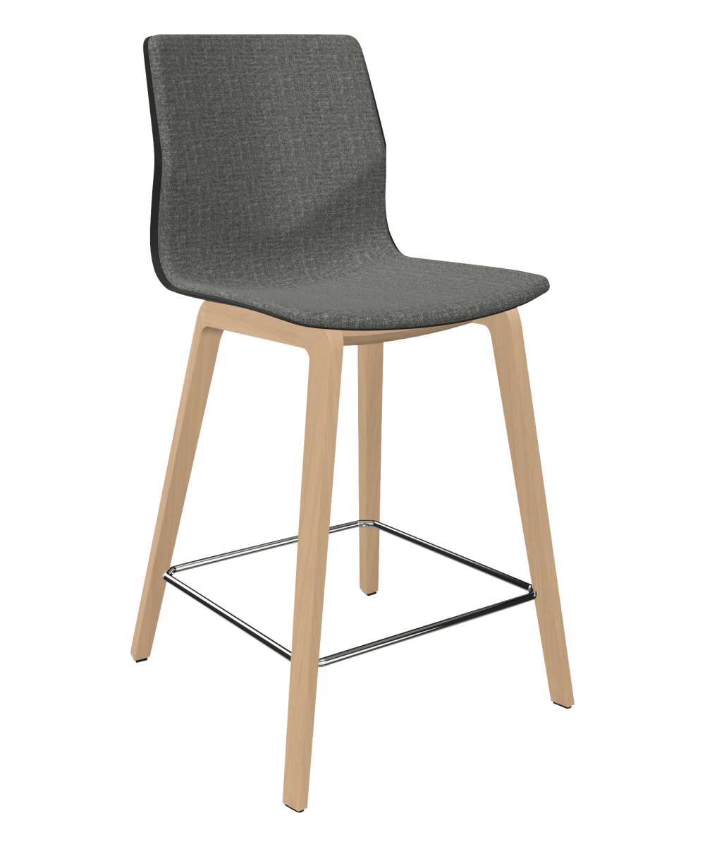 A grey mid height counter chair with 4 wooden legs