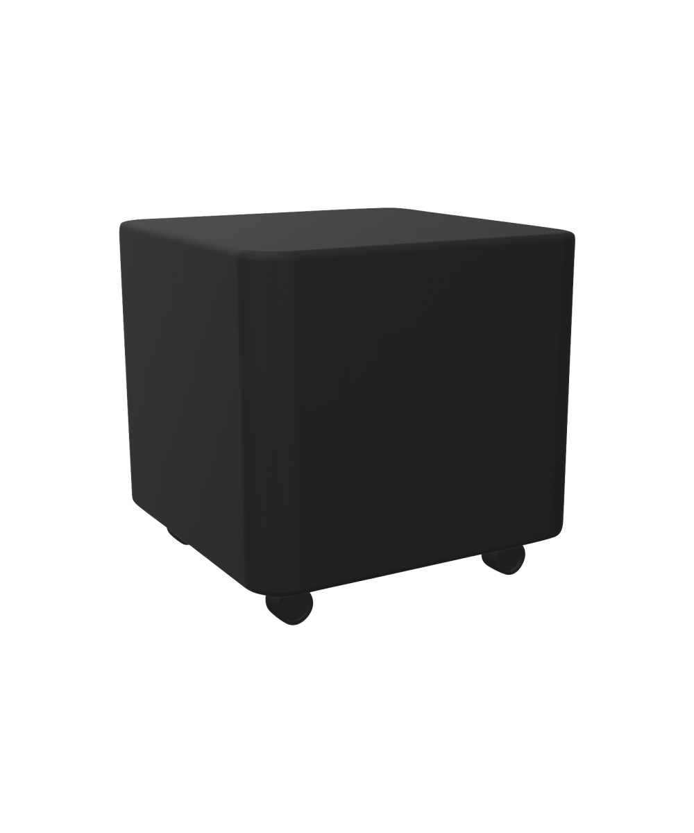 A black cube shaped ottomon with wheels