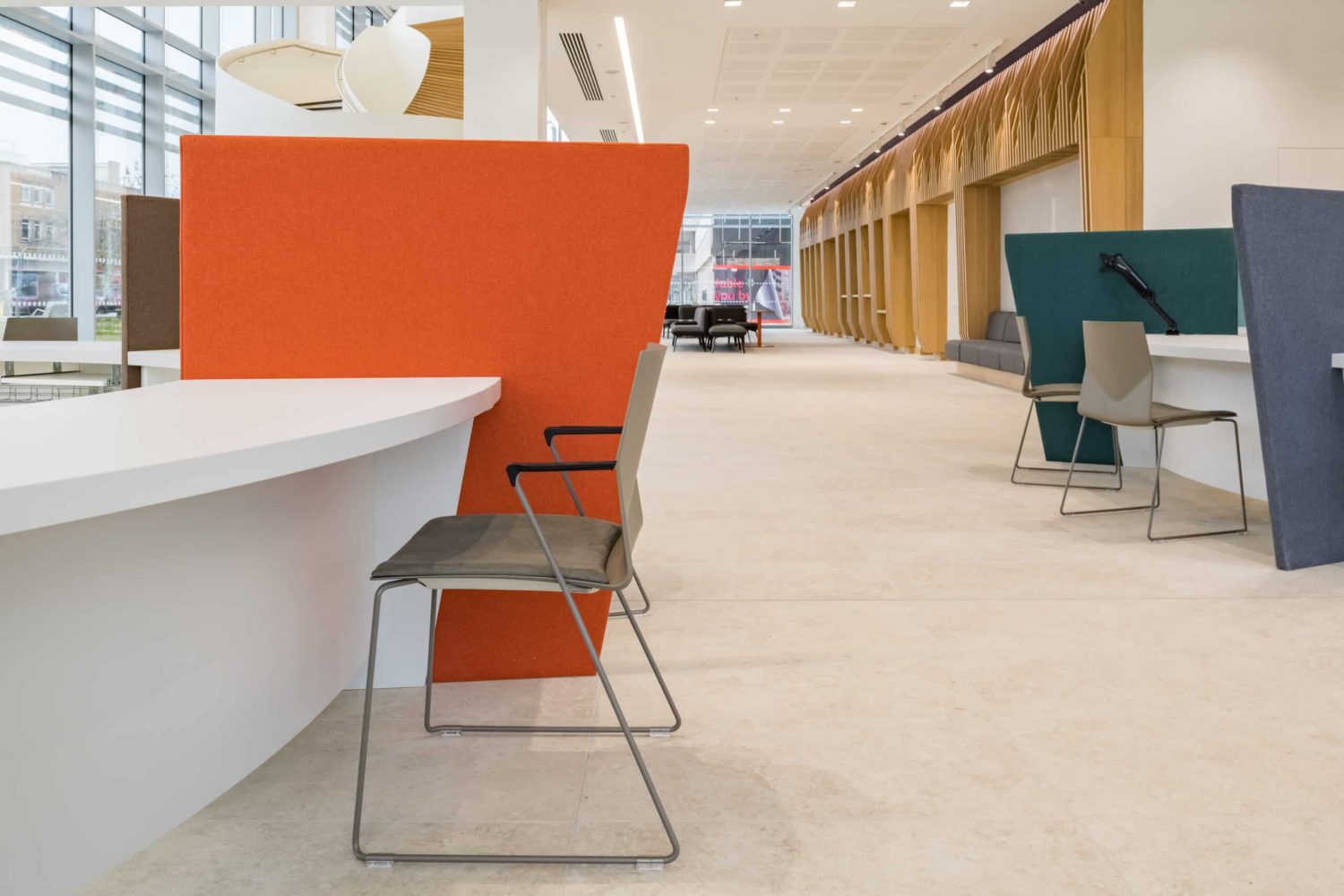 A reception area with Ocee and Four design office furniture in a modern office building in Crawley Council Town Hall